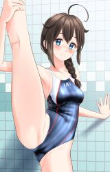 Rule 34 | 1girl, absurdres, ahoge, blue eyes, blue one-piece swimsuit, braid, breasts, brown hair, clothes writing, collarbone, commentary request, competition swimsuit, cowboy shot, grey one-piece swimsuit, hair flaps, hair ornament, hair over shoulder, highres, kantai collection, looking at viewer, medium breasts, one-piece swimsuit, shigure (kancolle), shigure kai ni (kancolle), single braid, solo, split, standing, standing on one leg, standing split, striped clothes, striped one-piece swimsuit, swimsuit, takafumi, tile wall, tiles