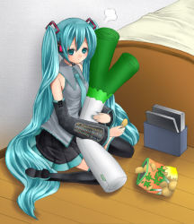 Rule 34 | 1girl, aqua eyes, aqua hair, bad id, bad pixiv id, bed, blue nails, chips (food), detached sleeves, food, hatsune miku, headset, jenny (je2live), kneeling, long hair, nail polish, necktie, potato chips, skirt, solo, spring onion, thighhighs, twintails, very long hair, vocaloid