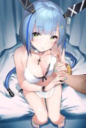 Rule 34 | 1boy, 1girl, 92m, azur lane, bare shoulders, bikini, blue hair, blush, grabbing another&#039;s breast, breasts, choker, cleavage, collarbone, commentary request, cross, cross necklace, flower, gascogne (azur lane), gascogne (tropical environs acclimation service equipment) (azur lane), gascogne (tropical environs acclimation service equipment) (azur lane), grabbing, guided breast grab, guiding hand, hair flower, hair ornament, head tilt, headgear, highres, jewelry, looking at viewer, medium breasts, multicolored hair, navel, necklace, parted lips, pov, purple hair, sandals, short hair, sitting, solo focus, streaked hair, sweat, swimsuit, thighs, white bikini, yellow eyes