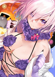 Rule 34 | 1girl, absurdres, bare shoulders, blush, bow, breasts, claws, cleavage, elbow gloves, fate/grand order, fate (series), fur, fur-trimmed gloves, fur collar, fur trim, gloves, hair over one eye, halloween, halloween costume, hands up, highres, jack-o&#039;-lantern, large breasts, looking at viewer, marushin (denwa0214), mash kyrielight, mash kyrielight (dangerous beast), medium hair, navel, o-ring, o-ring top, official alternate costume, open mouth, pumpkin, purple eyes, purple gloves, purple hair, removing jacket, revealing clothes, revision, solo, sparkle, stomach, undressing, upper body