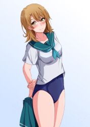 Rule 34 | 1girl, aqua neckerchief, blue one-piece swimsuit, blush, breasts, brown hair, closed mouth, collarbone, gradient background, green sailor collar, green skirt, highres, holding, holding clothes, holding skirt, isshiki iroha, konoyan, looking at viewer, medium breasts, medium hair, neckerchief, one-piece swimsuit, sailor collar, school uniform, serafuku, short sleeves, skirt, unworn skirt, smile, solo, standing, summer uniform, swimsuit, swimsuit under clothes, white background, yahari ore no seishun lovecome wa machigatteiru., yellow eyes
