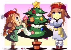 Rule 34 | 1boy, 1girl, ahoge, animal ears, bell, blue eyes, blush, boots, braid, brother and sister, brown hair, christmas, christmas tree, dress, enoo, flower, frown, full body, gloves, green dress, green eyes, happy, hat, headband, long hair, mariel (wild arms), open mouth, red flower, red rose, rose, siblings, star (symbol), sweat, twintails, two-tone background, vasim, wild arms, wild arms 1