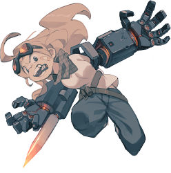 Rule 34 | 1girl, ahoge, angry, bandaid, bandaid on cheek, bandaid on face, blonde hair, blue eyes, fang, full body, goggles, goggles on head, jumping, looking at viewer, maplestory, mechanical arms, mouth hold, oversized forearms, oversized limbs, pants, shirt, simple background, solo, white background, white shirt, whitebear