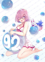 Rule 34 | 1girl, :o, ball, bare arms, bare legs, black-framed eyewear, blush, breasts, casual one-piece swimsuit, cleavage, collarbone, comiket 92, fate/grand order, fate (series), fou (fate), full body, glasses, hair over one eye, halterneck, highres, holding, holding ball, kneeling, looking at viewer, mash kyrielight, mash kyrielight (swimsuit of perpetual summer), medium breasts, official alternate costume, one-piece swimsuit, open mouth, pink hair, purple eyes, see-through, shirabi, short hair, simple background, sitting, swimsuit, wariza, white one-piece swimsuit