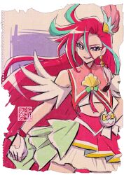 Rule 34 | 1girl, aqua hair, commentary request, cure flamingo, earrings, fingerless gloves, gloves, hand on own hip, jewelry, kamikita futago, long hair, magical girl, midriff, multicolored hair, official art, open mouth, pouch, precure, purple eyes, red hair, single hair intake, skirt, smile, solo, streaked hair, takizawa asuka, tropical-rouge! precure, white gloves