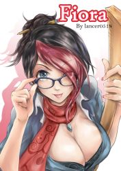 Rule 34 | 1girl, adjusting eyewear, black-framed eyewear, black bra, black hair, blue eyes, blue shirt, bra, breasts, cleavage, eyelashes, female focus, fingernails, fiora (league of legends), glasses, hair over one eye, highres, holding, jewelry, large breasts, league of legends, looking at viewer, looking up, multicolored hair, nail polish, one eye closed, pendant, red hair, scarf, shirt, solo, tongue, tongue out, two-tone hair, underwear, upper body, wink