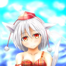 Rule 34 | 1girl, animal ears, bare shoulders, bikini, bikini top only, blush, breasts, cleavage, collarbone, firolat, hat, inubashiri momiji, looking at viewer, pom pom (clothes), red eyes, short hair, silver hair, solo, swimsuit, tail, tokin hat, touhou, wolf ears, wolf tail