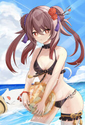 Rule 34 | 1girl, absurdres, alternate costume, alternate hairstyle, ball, bare shoulders, beachball, bikini, black bikini, black nails, blue sky, boo tao (genshin impact), bracelet, breasts, brown hair, choker, cleavage, cloud, cloudy sky, collarbone, commentary, cowboy shot, day, double bun, flower, flower-shaped pupils, frilled bikini top, frilled choker, frilled straps, frills, front-tie bikini top, front-tie top, genshin impact, ghost, gradient hair, hair between eyes, hair bun, halterneck, hat, highres, holding, holding ball, holding beachball, hu tao (genshin impact), jewelry, looking at viewer, multicolored hair, multiple rings, ocean, plum blossoms, red eyes, ring, shuvalun8, sidelocks, sky, small breasts, solo, straw hat, sunlight, swimsuit, symbol-shaped pupils, thigh strap, thumb ring, wading, wet