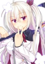 Rule 34 | 1girl, absurdres, ahoge, blush, bow, breasts, bug, butterfly, cape, closed mouth, commentary request, copyright request, fingernails, hair between eyes, hair ribbon, hand up, head tilt, highres, insect, jacket, long hair, looking at viewer, medium breasts, one side up, purple eyes, red bow, red cape, red ribbon, ribbon, segaxtu, smile, solo, upper body, v over mouth, white background, white hair, white jacket