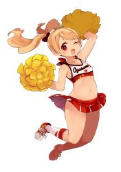 Rule 34 | 1girl, blonde hair, breasts, character request, cheerleader, collarbone, crop top, full body, highres, holding, long hair, looking at viewer, midriff, mota, navel, one eye closed, open mouth, pleated skirt, pom pom (cheerleading), shoes, simple background, skirt, small breasts, smile, sneakers, solo, white background
