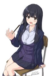 Rule 34 | 1girl, black hair, black skirt, black socks, blue coat, blue sweater vest, blue vest, blunt bangs, blush, breasts, brown eyes, chair, coat, collared shirt, cropped legs, dated, food, food in mouth, highres, holding, holding food, holding pocky, knees together feet apart, long hair, long sleeves, looking at viewer, medium breasts, on chair, open mouth, original, pleated skirt, pocky, school chair, school uniform, shirt, sidelocks, simple background, sitting, skirt, socks, solo, sweater vest, teeth, thighs, twitter username, unasaka ryou, vest, white background, white shirt