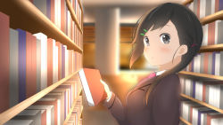 Rule 34 | 10s, 1girl, :o, aiura, blush, book, brown hair, grey eyes, hair ornament, hairclip, highres, holding, indoors, library, looking at viewer, numpopo, open mouth, school uniform, solo, standing, yanase mei