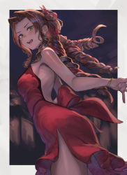 Rule 34 | 1girl, aerith gainsborough, aerith gainsborough (red dress), armpits, backless dress, backless outfit, brown hair, cowboy shot, dress, drill hair, final fantasy, final fantasy vii, final fantasy vii remake, green eyes, highres, konoike (pepe expect), lips, long hair, open mouth, ponytail, red dress, sleeveless, sleeveless dress, solo, square enix, teeth, wall market
