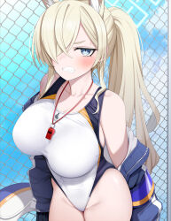 1girl animal_ears blonde_hair blue_archive blue_eyes blue_halo blue_jacket blush clenched_teeth competition_swimsuit cowboy_shot dog_ears fed_(giba) groin hair_over_one_eye halo highres jacket kanna_(blue_archive) kanna_(swimsuit)_(blue_archive) long_hair long_sleeves looking_at_viewer official_alternate_costume one-piece_swimsuit open_clothes open_jacket ponytail sharp_teeth solo swimsuit teeth white_one-piece_swimsuit