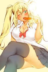 Rule 34 | 1girl, absurdres, arm at side, arm support, black skirt, black thighhighs, blonde hair, blush, bow, bowtie, breasts, cleavage, collarbone, collared shirt, commentary request, crossed legs, dress shirt, dumbbell nan kilo moteru?, eating, food, green eyes, hair between eyes, hand up, highres, holding, holding food, hot dog, large breasts, long hair, looking at viewer, miniskirt, one eye closed, open mouth, pleated skirt, red bow, red bowtie, sakura hibiki, sausage, school uniform, shigaoka, shirt, short sleeves, sidelocks, skindentation, skirt, solo, sweat, tan, teeth, thighhighs, thighs, tongue, tongue out, twintails, upper teeth only, white shirt, wing collar