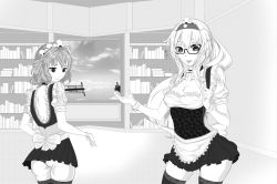 Rule 34 | 2girls, alternate costume, bespectacled, bookshelf, breasts, cleavage, commentary, enmaided, glasses, greyscale, highres, kantai collection, maid, monochrome, multiple girls, pacific (kancolle), panties, pantyshot, shoukaku (kancolle), thenyaaneco, thighhighs, underwear, uss arizona (bb-39)