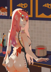 Rule 34 | 1girl, absurdres, apron, ass, bow, breasts, cabinet, character doll, cleaver, cooking, has bad revision, has downscaled revision, highres, hololive, hololive english, kitchen, long hair, looking at viewer, looking back, md5 mismatch, medium breasts, mori calliope, naked apron, nesoberi, parted lips, pink hair, pot, resolution mismatch, solo, source smaller, takanashi kiara, tiara, user mptu7837, virtual youtuber