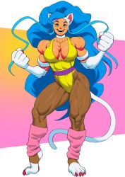 Rule 34 | 1girl, abs, animal ears, animal hands, big hair, blue hair, breasts, capcom, cat ears, cat tail, claws, clenched hand, felicia (vampire), full body, green eyes, happy, large breasts, leg warmers, long hair, looking at viewer, muscular, muscular arms, muscular female, muscular legs, open mouth, pokkuti, simple background, smile, solo, standing, tail, thighs, unitard, vampire (game), very long hair