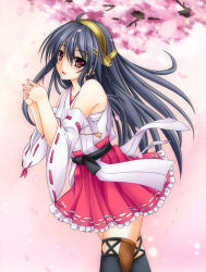 Rule 34 | 10s, 1girl, ahoge, aoi hiro, black hair, blush, boots, cherry blossoms, cowboy shot, detached sleeves, hair ornament, hairband, hairclip, haruna (kancolle), kantai collection, long hair, looking at viewer, looking to the side, nontraditional miko, open mouth, pink background, red eyes, sarashi, skirt, solo, thigh boots, thighhighs, branch