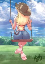 Rule 34 | 1girl, applejack, artist request, ass, back, backboob, barefoot, blonde hair, breasts, cloud, denim, denim shorts, feet, female focus, foot focus, from behind, grass, hat, holding, huge ass, legs, long hair, looking to the side, medium breasts, outdoors, overalls, short shorts, shorts, signature, sitting, soles, solo, suspenders, swing, toes