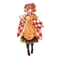 Rule 34 | 1girl, absurdres, apron, bell, checkered clothes, checkered kimono, clothes writing, hair bell, hair ornament, hands up, highres, japanese clothes, kimono, looking at viewer, motoori kosuzu, orange eyes, orange hair, smile, solo, touhou, touhou gensou eclipse, transparent background, two side up, u u zan, wide sleeves, yellow apron