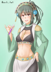 Rule 34 | 1girl, anti (untea9), atelier (series), atelier marie, breasts, brown eyes, cleavage cutout, clothing cutout, coat, commentary request, cosplay, cowboy shot, gradient background, green background, green coat, grey hair, headdress, highres, kantai collection, long hair, marie (atelier), marie (atelier) (cosplay), medium breasts, midriff, one-hour drawing challenge, ponytail, sidelocks, skirt, solo, test tube, twitter username, white skirt, yuubari (kancolle)