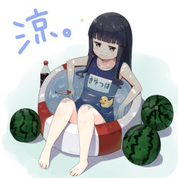 Rule 34 | &gt;:), 10s, 1girl, barefoot, black hair, blunt bangs, bottle, brown eyes, cola, food, fruit, hatsuyuki (kancolle), kantai collection, long hair, name tag, one-piece swimsuit, rubber duck, school swimsuit, simple background, smile, sui (tsuruhibiki), swimsuit, v-shaped eyebrows, wading pool, water, watermelon