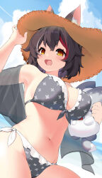Rule 34 | 1girl, :3, absurdres, animal ears, bikini, black hair, breasts, cowboy shot, cross print, dutch angle, ears through headwear, frilled bikini, frills, grey bikini, hat, highres, hololive, large breasts, looking at viewer, miofa (ookami mio), multicolored hair, ocean, official alternate costume, ookami mio, open mouth, red hair, short hair, straw hat, streaked hair, swimsuit, virtual youtuber, white hair, wolf ears, xiaodong327399, yellow eyes