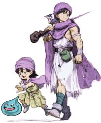 Rule 34 | 2boys, bandaged leg, bandages, belt, belt pouch, black hair, cape, clenched hand, cloak, commentary request, dragon quest, dragon quest v, hero (dq5), highres, holding, holding staff, iwamoto tatsurou, looking to the side, male focus, multiple boys, muscular, muscular male, pouch, purple cape, purple cloak, purple eyes, slime (dragon quest), staff, turban, walking