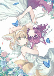 Rule 34 | 2girls, alternate costume, animal ear fluff, animal ears, arknights, artist name, bare arms, bare shoulders, blonde hair, blue butterfly, braid, bug, butterfly, chinese commentary, closed mouth, collarbone, commentary request, dress, flower, fox ears, fox tail, green eyes, hair ribbon, hairband, highres, insect, kitsune, kyuubi, matching outfits, multicolored hair, multiple girls, multiple tails, purple hair, red medicine, ribbon, shamare (arknights), short hair, smile, sundress, suzuran (arknights), tail, twin braids, two-tone hair, white background, white dress, white hair, white hairband, white ribbon, white wrist cuffs, wrist cuffs