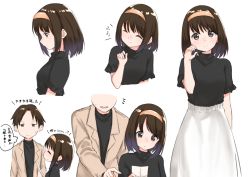 Rule 34 | 1boy, 1girl, ^ ^, blush, brother and sister, brown eyes, brown hair, brown hairband, brown jacket, closed eyes, closed mouth, fingernails, forehead, hairband, head tilt, holding, jacket, long sleeves, open clothes, open jacket, original, parted bangs, parted lips, pointing, profile, short sleeves, siblings, simple background, skirt, smile, sweat, translation request, v-shaped eyebrows, white background, white skirt, yuki arare