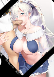 Rule 34 | 1boy, 1girl, anastasia (fate), anastasia (swimsuit archer) (fate), anastasia (swimsuit archer) (third ascension) (fate), bad id, bad twitter id, bare shoulders, bikini, blue bikini, blue eyes, blue skirt, blush, bow, breasts, cellphone, cellphone photo, censored, cheek bulge, cleavage, collarbone, erection, fate/grand order, fate (series), fellatio, hair bow, hair over one eye, hetero, jewelry, large breasts, long hair, long sleeves, looking at viewer, miniskirt, mosaic censoring, navel, necklace, oral, penis, phone, ponytail, puffy long sleeves, puffy sleeves, selfie, skirt, soba (saz), swimsuit, testicles, thighs, very long hair, white hair
