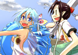 Rule 34 | 2girls, :d, alternate costume, alternate hairstyle, back, backless outfit, bag, bare arms, beach, blue eyes, blue hair, breasts, cirno, collared shirt, cooler, day, fang, flat chest, flower, flying sweatdrops, hat, heart, heart in mouth, hidden star in four seasons, ice, ice wings, innertube, matsu 84, medium breasts, multiple girls, o o, open mouth, pointy ears, ponytail, shameimaru aya, shirt, shoulder bag, smile, sunflower, swim ring, tan, tanned cirno, tokin hat, touhou, wings