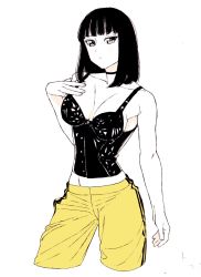 Rule 34 | 1girl, black hair, breasts, breasts apart, cowboy shot, cropped legs, dende (dndn222), expressionless, hand on own chest, hand up, highres, looking at viewer, medium breasts, medium hair, midriff, original, pants, simple background, sleeveless, solo, spot color, white background, yellow pants
