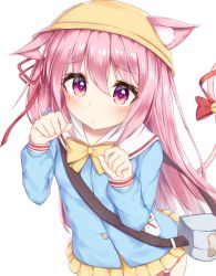 Rule 34 | 1girl, animal ears, azur lane, cat ears, cat tail, commentary request, ears through headwear, hat, kindergarten uniform, kisaragi (azur lane), long hair, looking at viewer, machinery, meuneyu, paw pose, pink eyes, pink hair, pleated skirt, school hat, simple background, skirt, solo, tail, turret, white background