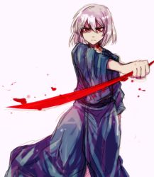 Rule 34 | 00s, 1boy, bad id, bad pixiv id, blood, blood on face, blood sword, blood on clothes, frown, holding hands, holding, holding weapon, japanese clothes, looking at viewer, male focus, red eyes, shirotsume kusa (sayern), short hair, solo, tohno shiki (2), tsukihime, weapon, white background, white hair