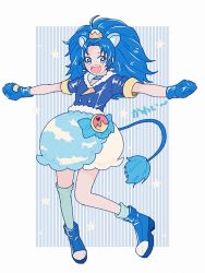 Rule 34 | 10s, 1girl, animal ears, bad id, bad twitter id, blue eyes, blue gloves, blue hair, blue neckwear, blue theme, choker, cure gelato, earrings, extra ears, fang, full body, gloves, jacket, jewelry, kirakira precure a la mode, leather, leather jacket, lion ears, lion tail, long hair, looking at viewer, magical girl, open mouth, precure, smile, solo, tail, tategami aoi