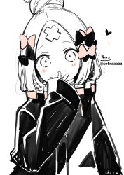 Rule 34 | 1girl, abigail williams (fate), abigail williams (traveling outfit) (fate), absurdres, black bow, black jacket, blush, bow, brown bow, closed mouth, fate (series), hair bow, hair bun, hand up, head tilt, heart, heroic spirit traveling outfit, highres, jacket, long sleeves, looking at viewer, multiple hair bows, official alternate costume, original, parted bangs, signature, simple background, single hair bun, sleeves past wrists, smile, sofra, solo, twitter username, upper body, white background