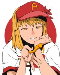 Rule 34 | 1girl, aki shizuha, alternate costume, baseball cap, blonde hair, clothes writing, feeding, female focus, food, french fries, half-closed eyes, hat, head rest, incoming food, leaf, leaf on head, looking at viewer, onikobe rin, open mouth, shirt, short sleeves, smile, solo, touhou, visor cap, yellow eyes