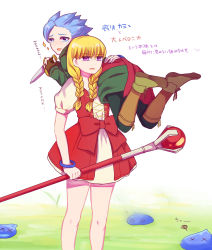 Rule 34 | 1boy, 1girl, beifunan, black leggings, blonde hair, blue eyes, blue hair, boots, braid, brown footwear, camus (dq11), carrying over shoulder, commentary request, crying, crying with eyes open, dragon quest, dragon quest xi, dress, green shirt, hair over shoulder, highres, holding, holding knife, holding staff, knife, leggings, long hair, puffy short sleeves, puffy sleeves, purple eyes, red dress, shirt, shirt under dress, short dress, short sleeves, slime (dragon quest), staff, tears, translation request, twin braids, veronica (dq11), white background, white shirt