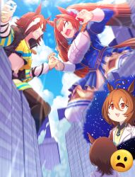 Rule 34 | 3girls, agnes tachyon (umamusume), ahoge, animal ears, battle, breasts, brown hair, cityscape, commentary request, commission, daiwa scarlet (umamusume), emoji, empty eyes, giant, giantess, highres, holding hands, horse ears, large breasts, lens flare, long hair, meme, midriff, multiple girls, navel, open mouth, same kujira (challenger 310), short hair, skeb commission, sky, small breasts, space cat (meme), surprised, thighhighs, twintails, umamusume, vodka (umamusume)