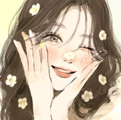 Rule 34 | 1girl, blush, brown eyes, brown hair, daisy, eyelashes, flower, grin, hair between eyes, hands on own cheeks, hands on own face, highres, lips, multicolored nails, one eye closed, original, parted bangs, red lips, samenai ymkr, signature, smile, solo, teeth, white nails, yellow nails