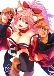 Rule 34 | 1girl, absurdres, aburi rare, animal ear fluff, animal ears, animal hands, bare shoulders, bell, black thighhighs, blush, bow, breasts, cat paws, cleavage, collar, detached sleeves, fangs, fate/extra, fate/grand order, fate (series), fox ears, fox girl, fox tail, gloves, hair between eyes, hair bow, highres, japanese clothes, jingle bell, kimono, large breasts, long hair, neck bell, obi, open mouth, paw gloves, paw shoes, pink hair, ponytail, red bow, red kimono, sash, shoes, short kimono, sidelocks, simple background, solo, tail, tamamo (fate), tamamo cat (fate), tamamo cat (first ascension) (fate), tassel, thighhighs, thighs, white background, wide sleeves, yellow eyes