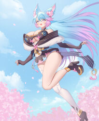 Rule 34 | 1girl, absurdres, animal ear fluff, animal ears, bare shoulders, black gloves, black kimono, blue hair, breasts, cherry blossoms, choker, cleavage, cleavage cutout, clothing cutout, dress, elbow gloves, fingerless gloves, flower, fur trim, gloves, gradient hair, hair flower, hair ornament, high heels, highres, huge breasts, indie virtual youtuber, japanese clothes, kimono, looking at viewer, multicolored hair, off-shoulder dress, off shoulder, open mouth, outdoors, pink hair, platform footwear, purple eyes, short dress, silvervale, single thighhigh, sky, smile, solo, standing, standing on one leg, swept bangs, thighhighs, underboob, virtual youtuber, wolf ears, wolf girl, zzo (chorizzzzo)