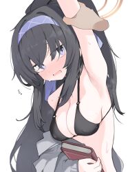 Rule 34 | 1girl, arm grab, arm up, armpits, bikini, black bikini, black hair, blue archive, blue hairband, blush, book, breasts, covered erect nipples, disembodied hand, hairband, highres, holding, holding book, long hair, medium breasts, mikozin, o-ring, o-ring bikini, o-ring top, official alternate costume, open mouth, ponytail, purple eyes, simple background, solo focus, sweat, swimsuit, ui (blue archive), ui (swimsuit) (blue archive), upper body, white background
