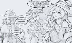 Rule 34 | 3girls, :d, absurdres, braid, capelet, commentary, crossover, egalo, elaina (majo no tabitabi), english commentary, english text, genshin impact, greyscale, hand on own hip, hat, highres, holding, holding staff, long hair, looking to the side, mage staff, majo no tabitabi, mona (genshin impact), monochrome, multiple crossover, multiple girls, mushoku tensei, open mouth, own hands together, roxy migurdia, simple background, smile, speech bubble, staff, upper body, white background, witch hat