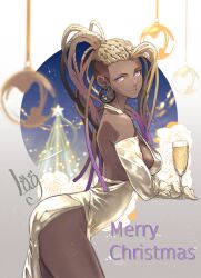 Rule 34 | 1girl, absurdres, alcohol, artist name, backless dress, backless outfit, bare shoulders, breasts, champagne, champagne flute, christmas, cup, dark-skinned female, dark skin, dreadlocks, dress, drinking glass, earrings, elbow gloves, flower, formal, gloves, highres, holding, holding cup, hoop earrings, invisible table, jewelry, lag (wo76 a), large breasts, long hair, looking at viewer, master raven, namco, parted lips, purple eyes, rose, shirt, single earring, solo, teeth, tekken, tekken 7, white flower, white rose, white shirt, yellow dress, yellow gloves