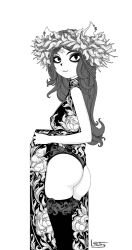 Rule 34 | 1girl, absurdres, animal ears, ass, black thighhighs, cat ears, cat girl, claire d&#039;lune, dress, floral print, greyscale, highres, long hair, looking at viewer, ltstry, monochrome, pentagram, print dress, shadow, signature, simple background, sleeveless, sleeveless dress, smile, solo, the summoning, thighhighs, white background