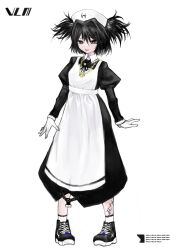 Rule 34 | 1girl, apron, black dress, black eyes, black footwear, black ribbon, chain, dollar sign, dress, english text, fang, full body, gloves, gold chain, hair intakes, hat, heart, heart-shaped pupils, highres, juliet sleeves, long sleeves, looking at viewer, medium hair, neck ribbon, nurse, nurse cap, original, parted lips, puffy sleeves, ribbon, shoes, simple background, sneakers, socks, solo, standing, symbol-shaped pupils, twintails, vlm ( killing me ), white apron, white gloves, white socks