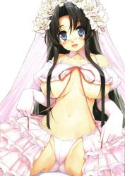 Rule 34 | 1girl, black hair, blue eyes, blush, breasts, bride, dress, flower, gloves, ishikei, large breasts, looking at viewer, open mouth, panties, simple background, smile, solo, suggestive fluid, sweat, underwear, undressing, wedding dress, white background, white panties